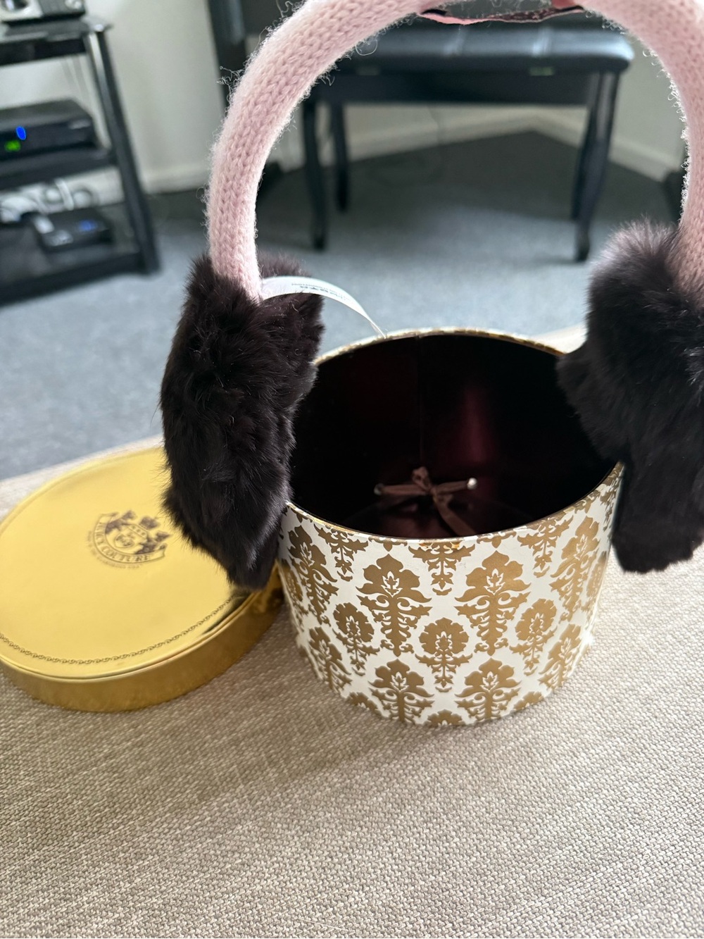 Pink Knit Headband with Brown Fur Ear Covers